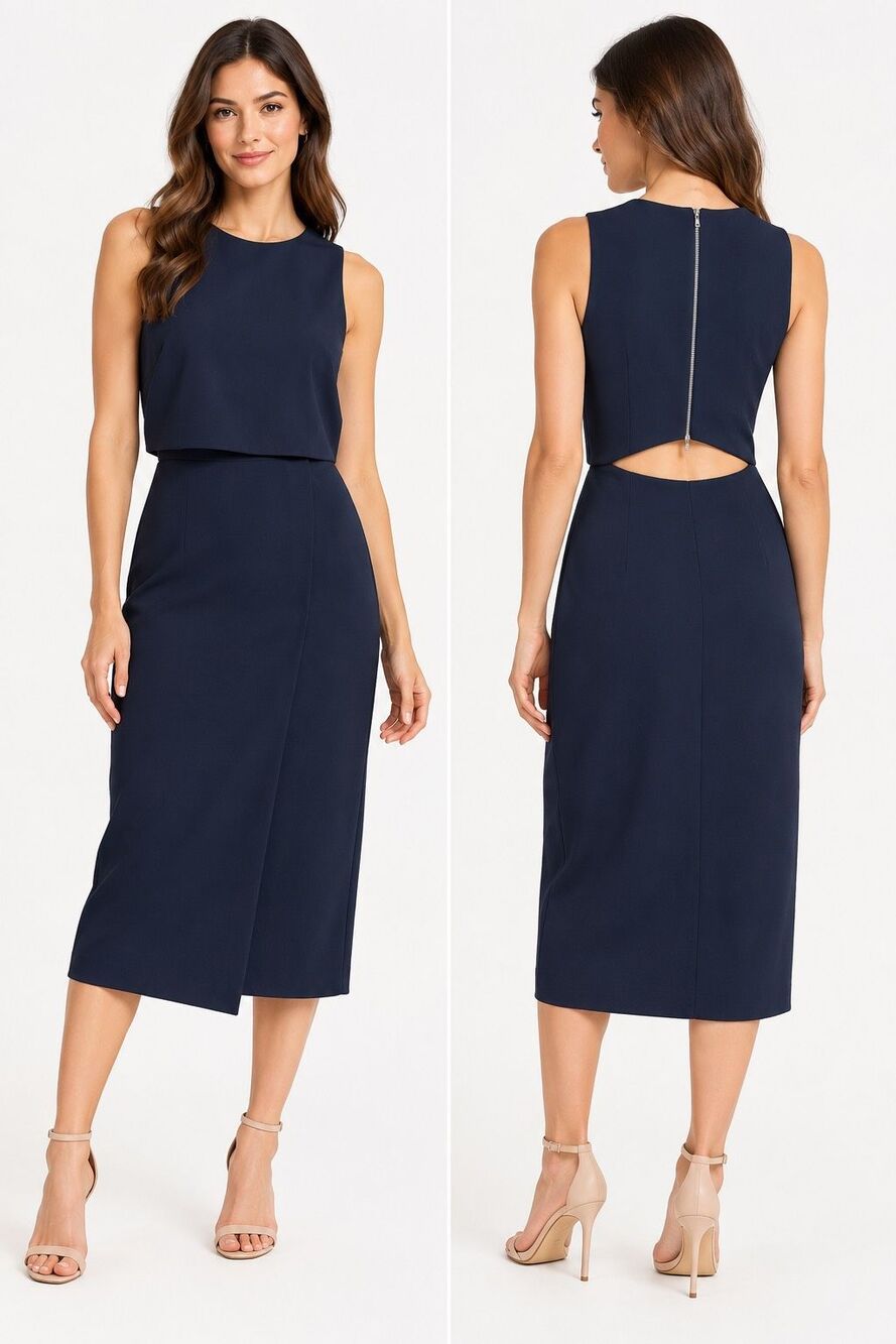 NWT SPANX Ponte Fitted Midi Dress Classic Navy Overlay Cutout Back M